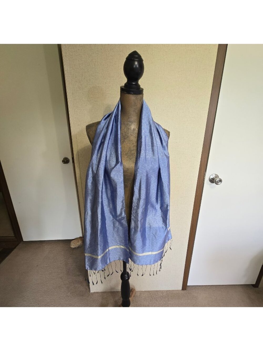 Artisans Angkor Handmade Scarf Blue Fringe Design Lightweight Silk